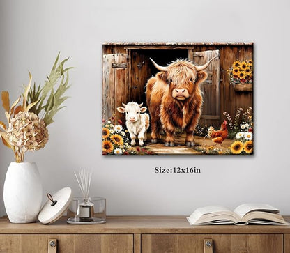 ZOIYINO Farmhouse Highland Cow Wall Art Rustic Country Sunflower Cow Pictures Wall Decor,Farm Animal Cattle Sunflower Prints Painting Modern Artwork Bedroom Living Room Home Decorations 12"X16"