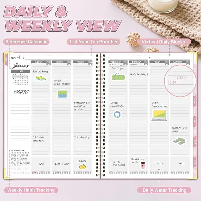 Daily Planner 2026 (8.5" x 11") - Weekly & Monthly Planner (Jan. 2026 - Dec. 2026), Column View Calendar Organizers, Hardcover Agenda Book with Tabs for Office & School, Pink