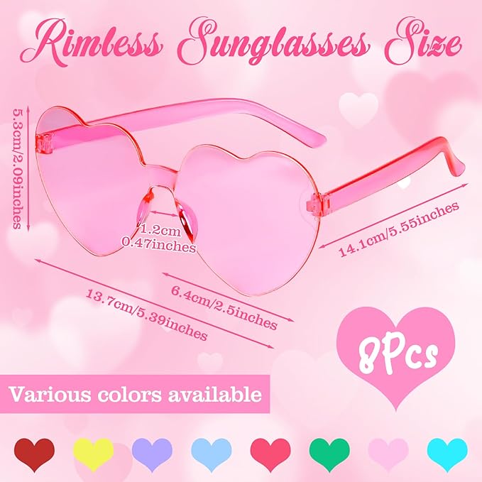 PLULON Heart Sunglasses for Women 5/12/25 Pcs, Heart Glasses Valentine Day Rimless Shaped Candy Color Fun Glasses Party Favor