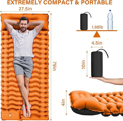 Camping Sleeping Pad, Ultralight Camping Mat with Pillow Built-in Foot Pump & Pillow, Upgraded Compact Camping Air Mattress for Tent, Backpacking-Orange