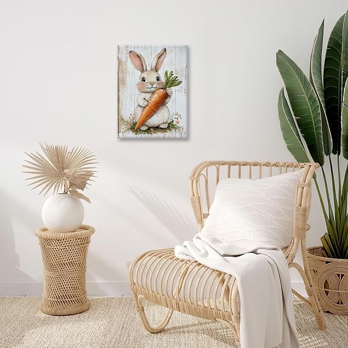 Rabbit Wall Art, Easter Bunny Pictures Wall Decor, Farmhouse Rabbit Carrot Canvas Prints, Rustic Cute Animal Painting Framed Artwork for Bathroom Living Room Bedroom Office Dining Room 24"X16"