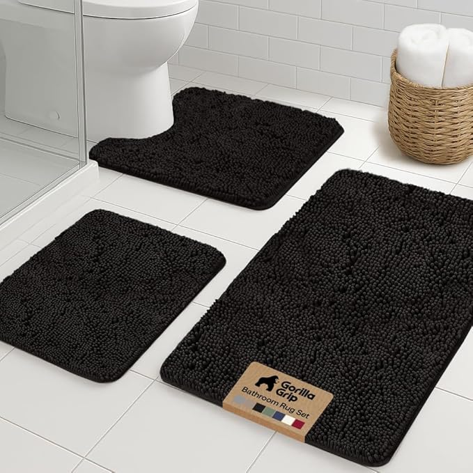 GORILLA GRIP Bathroom Rug Sets 3 Piece, Bath Mat Set and Oval Toilet Base with Rubber Backing, Plush Absorbent Shaggy Chenille Washable Mats, Includes 24x19.5, 24x17 and 30x20 Inch Rugs, Onyx