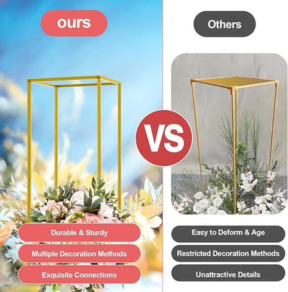 10 Pcs Gold Flower Stands 23.6 Inch Tall, Metal Geometric Floral Display Racks for Wedding Table Centerpieces Decorations, Modern Rectangle Flower Column for Party Event Reception