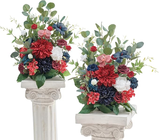 TINGE TIME Free-Standing Artificial Flower, Set of 2, Table Centerpiece with Rubber Pad, Silk Fake Flower for Wedding Centerpiece Archway Aisle Welcome Entrance (Red&NavyBlue)