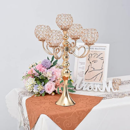 12 Sets Gold 5 Arms Candelabra Centerpiece for Wedding,Metal Crystal Candlestick Holders Chandelier Crystal Beaded Candle Holder for Table Decoration Party Dinner Formal Event