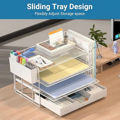 Desk Organizer, 4-Tier Paper Organizer Letter Tray with File Holder, Drawer and 2 Pen Holders, Desktop File Organizer for Office Supplies, Workspace Storage, White