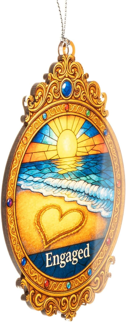 Engaged Ornament 2025 – Beach Sunset Heart Design - Engagement Gift Keepsake for Bride and Groom – Beach Engagement Decor- White Elephant Gifts - Xmas Tree Funny Decoration Mirror