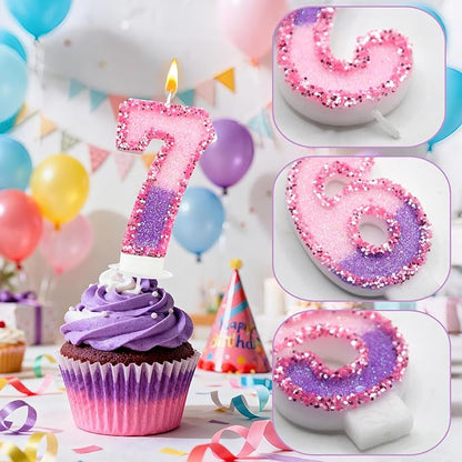 Birthday Number Candles for Cake, Pink Purple Glitter Number Candles for Cake Toppers, Ideal Birthday Parties Cake Decor, Wedding Anniversary and Other Celebrations (7 Candle)