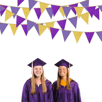 30Ft Purple Gold Party Decoration Pennant Banner Flag Hanging Glitter Paper Triangle Bunting for Baby Shower Birthday Bridal Shower Wedding Bachelorette Engagement Lavender Lilac Violet Party Supplies