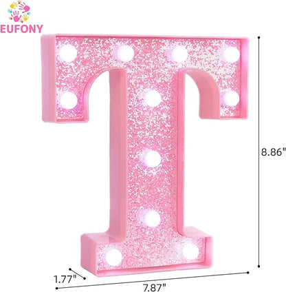 Pink LED Marquee Light Up Letters, Glitter Alphabet Letter Lights for Birthday Party Decorations, Battery Operated Letter Signs for Girls Room Table Decor, Pink letter T with Cool White Lights