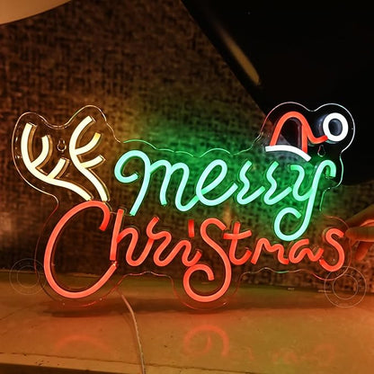SYLHOME Merry Christmas Led Neon Light Sign Santa Hat Christmas Tree Party Home Bedroom Wall Sign Decor Backdrop Xmas 15.75" X 9.8" USB Colorful