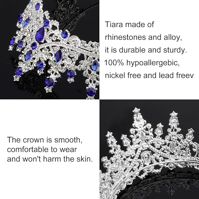 COCIDE Blue Crystal Tiaras and Crowns for Women Princess Queen Crowns for Women Rhinestone Tiaras for Girls Bride Wedding Hair Accessories for Bridal Birthday Party Prom Halloween Cosplay Christmas