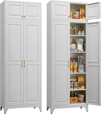 Kitchen Pantry Storage Cabinets, 90" Tall Metal Storage Cabinet with Doors and 4 Shelves, White Pantry Cabinet, Utility Kitchen Cupboard, Large Steel Cabinets for Dining Room, Office, Living Room