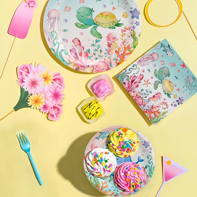 96pcs Paper Plates, Under the Sea Animals Party Plates and Napkins Forks Ocean Themed Disposable Tableware Set for 24 Guests Baby Shower Picnic Kids Birthday Party Supplies Decorations