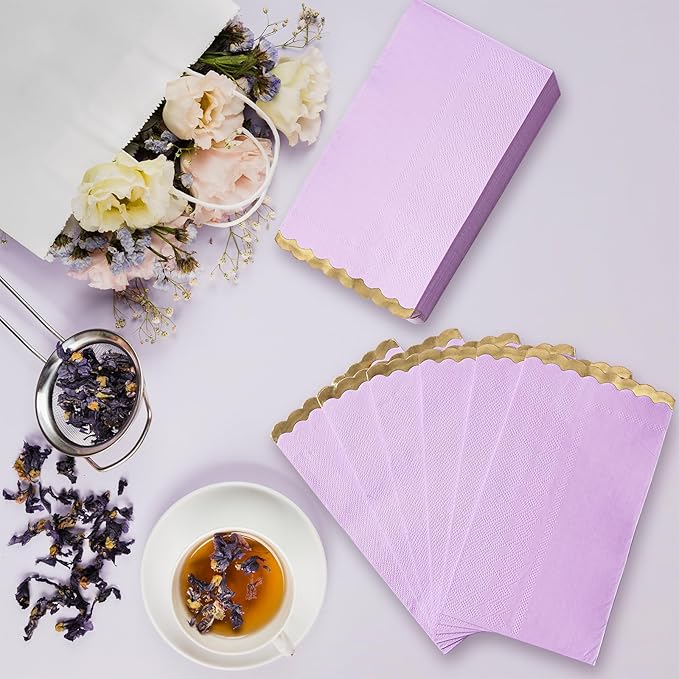 50 Dinner Napkins Paper Decorative, Gold Foil Scalloped Edged Guest Napkins Disposable, Lavender Napkins for Wedding, Birthday, Shower Baby, Tea Parties Supplies (4 x 8 In, Purple)