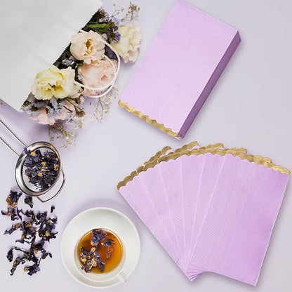 50 Dinner Napkins Paper Decorative, Gold Foil Scalloped Edged Guest Napkins Disposable, Lavender Napkins for Wedding, Birthday, Shower Baby, Tea Parties Supplies (4 x 8 In, Purple)
