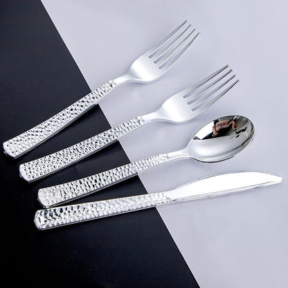 Nervure 300PCS Silver Plastic Silverware - Disposable Silver Cutlery - Hammered Plastic Utensils Include 100 Forks, 100 Knives, 100 Spoons Perfect for Dinner, Party & Wedding