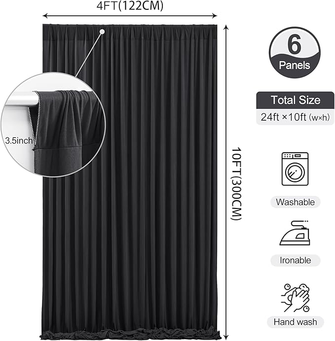 24 x 10ft Black Backdrop Curtains Photo Background Curtains with Rod Pocket, Wrinkle-Free Polyester Backdrop Drapes for Wedding Party Prom Haunted House RIP Event Decor, 6 Panels (10'L x 4'W Each)
