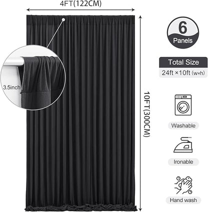 24 x 10ft Black Backdrop Curtains Photo Background Curtains with Rod Pocket, Wrinkle-Free Polyester Backdrop Drapes for Wedding Party Prom Haunted House RIP Event Decor, 6 Panels (10'L x 4'W Each)
