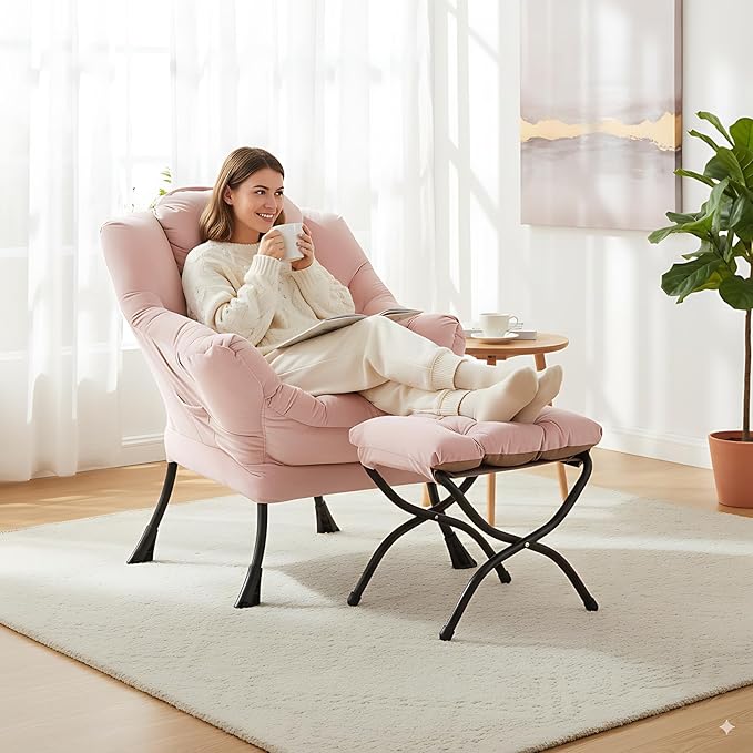 LITA Lazy Chair with Ottoman, Modern Accent Leisure Upholstered Sofa Chair, Contemporary Lounge Reading Chairs with Armrests and a Side Pocket for Living Room, Bedroom & Small Space, Pink