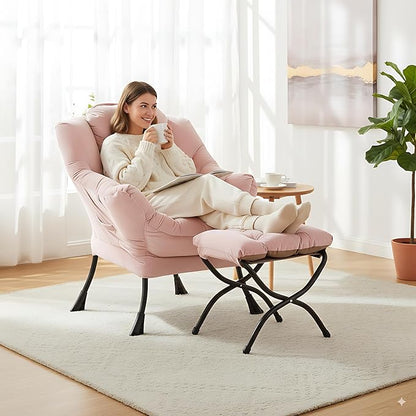 LITA Lazy Chair with Ottoman, Modern Accent Leisure Upholstered Sofa Chair, Contemporary Lounge Reading Chairs with Armrests and a Side Pocket for Living Room, Bedroom & Small Space, Pink