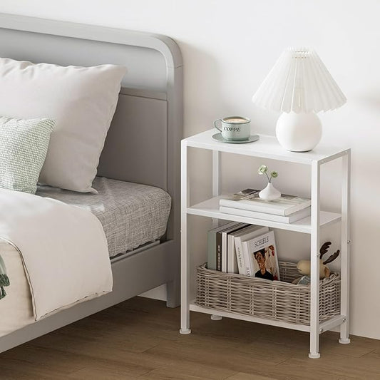 Narrow Side Table for Small Space, 2-Tier Small End Table with Shelf Holder, Slim Nightstand, Skinny Snack Couch Table in Living Room, Bedroom, Study, Kitchen and Balcony (White)