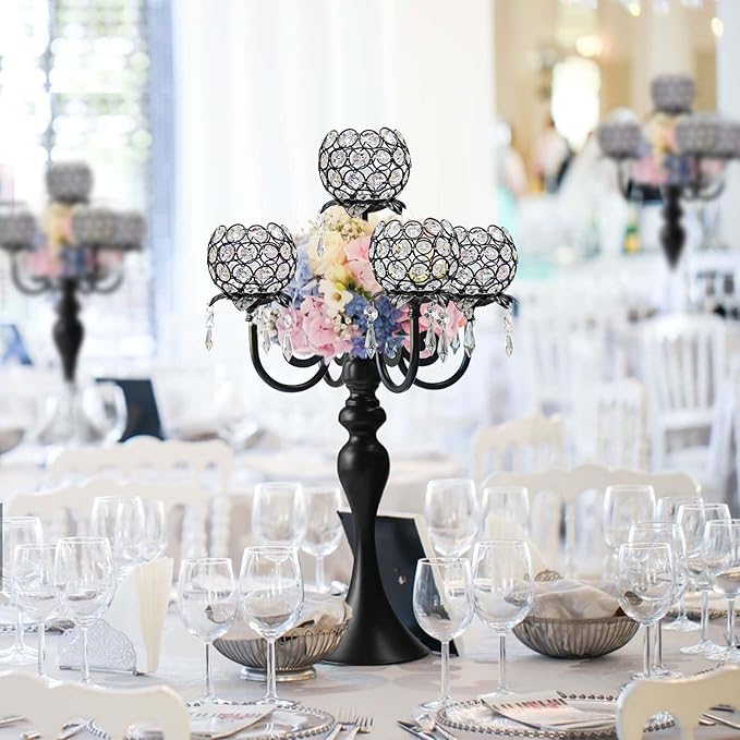 22.5" Black Metal & Crystal Tea Light Candle Holder - Wedding, Party Centerpiece for Events, Decorative Chandelier (1, Black)