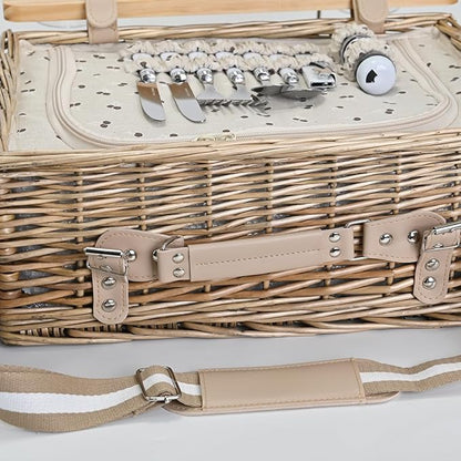 Multifunctional Wicker Picnic Basket Set for 4 with Blanket and Picnic Table, Insulated Picnic Set with Full Tablewares for Camping Outdoor Couples,Cherry