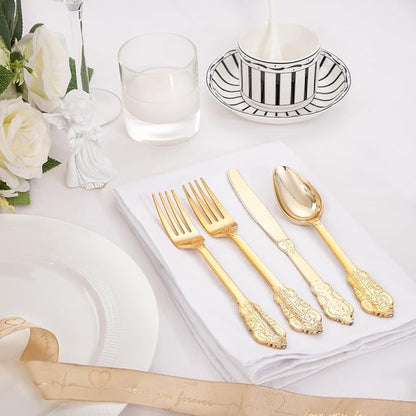 Supernal 360pcs Gold Plastic Silverware,Disposable Silvereware Heavy Duty, Gold Plastic Cutlery, 120 Plastic Forks and Spoons,Knives Perfect for Birthday, Wedding Halloween Thanksgiving Chirstmas
