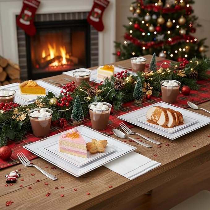 Festiva 350Pcs Silver Plates - Silver Square Plastic Plates 9 .5" and 6" - serve for 50 guests include 50 Cups 50Plastic Cutlery 50Hand Napkins Perfect for Party&Wedding&Birthday&Christmas