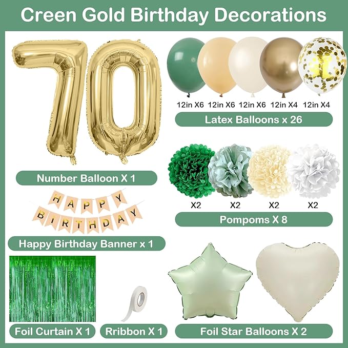 Sage Green 70th Birthday Decorations for Men Gold Number 70 Balloon Nude Gold Happy Birthday Banner Fringe Curtain Paper Pom Poms Olive Green Cream White Sand Star Foil Balloons Party Decor