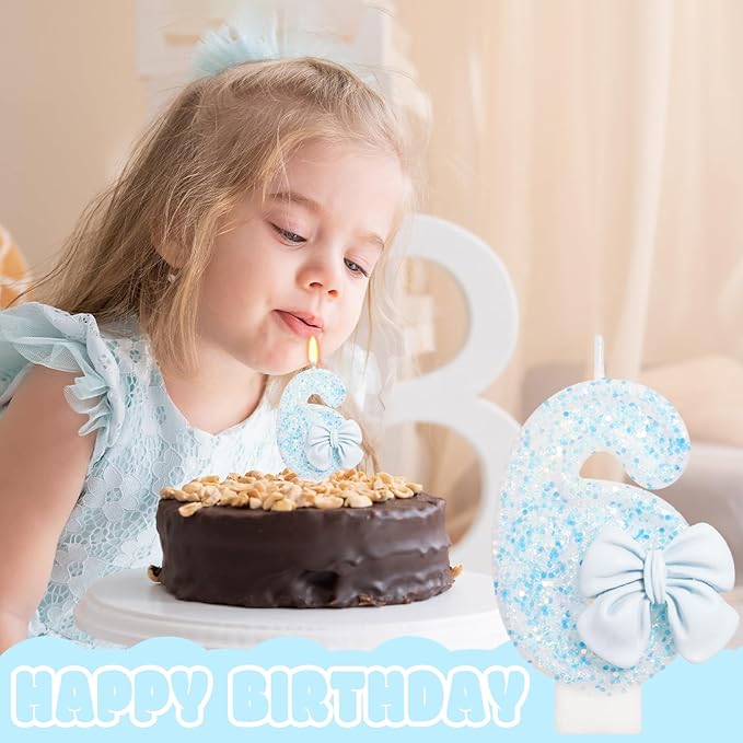 Birthday Candle for Cake, Blue Bow Number Candles, 2.76 inch Number, Cake Topper Decoration for Birthday Party (Number 6)