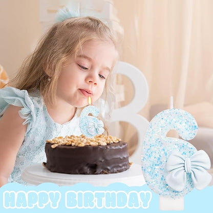 Birthday Candle for Cake, Blue Bow Number Candles, 2.76 inch Number, Cake Topper Decoration for Birthday Party (Number 6)