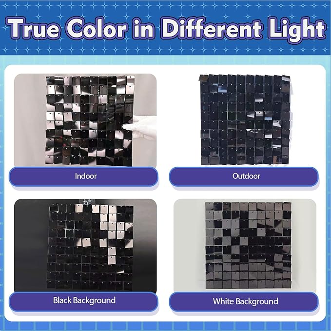 Qcity Black Shimmer Wall Backdrop 36PCS, Black Back Not See-Through Design, Square Sequin Glitter Backdrop Panel, Perfect for Outdoor Events, Birthdays, Wedding and Party Decoration