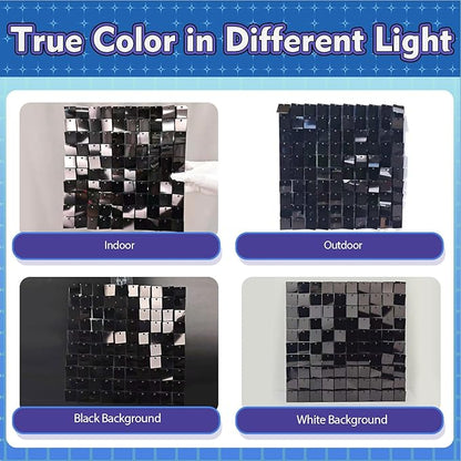 Qcity Black Shimmer Wall Backdrop 36PCS, Black Back Not See-Through Design, Square Sequin Glitter Backdrop Panel, Perfect for Outdoor Events, Birthdays, Wedding and Party Decoration
