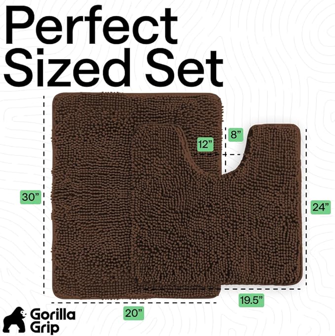 GORILLA GRIP Bathroom Rug Sets, Soft Chenille 2 Piece Area Rugs Set, Toilet Base Mat and 30x20 Carpet, Absorbent Microfiber Washable Mats Dry Quickly, Home Decor and Bath Room Accessories, Brown