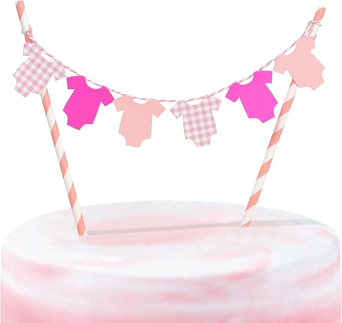 Pink Baby Shower Cake Topper - Pink Bodysuit Gingham Cake Topper,Gender Reveal Decor,Baby Shower Cake Decorations,Gingham Onesie Party Decorations (pink)