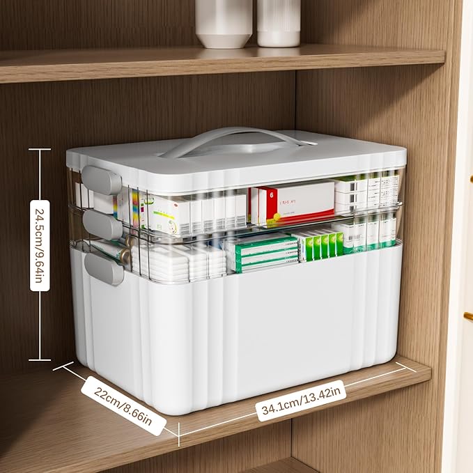 3-Tier Medicine Organizer - Portable Medicine Cabinet with Plastic Handle, Multipurpose Medical Box, Pill Organizer, Empty First Aid Kit for Home