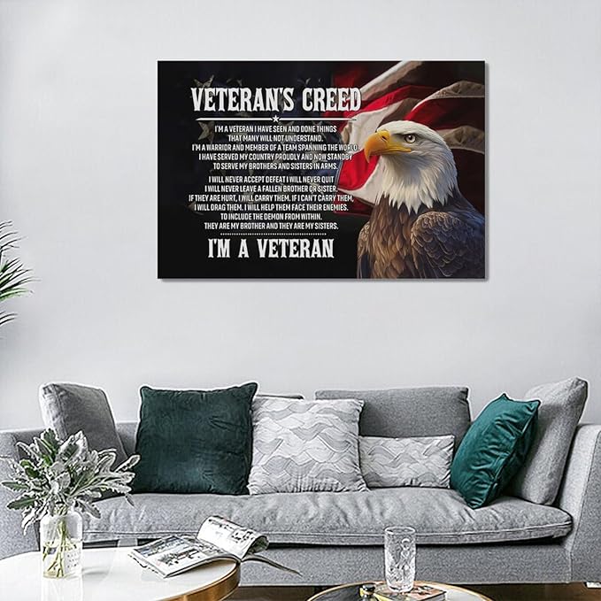 Veteran Wall Art Patriotic Pictures Wall Decor Military Canvas Prints Veterans Day Decorations Painting Framed Bald Eagle Artwork Office Home Man Cave Decor For Bathroom Bedroom Living Room 24"x16"
