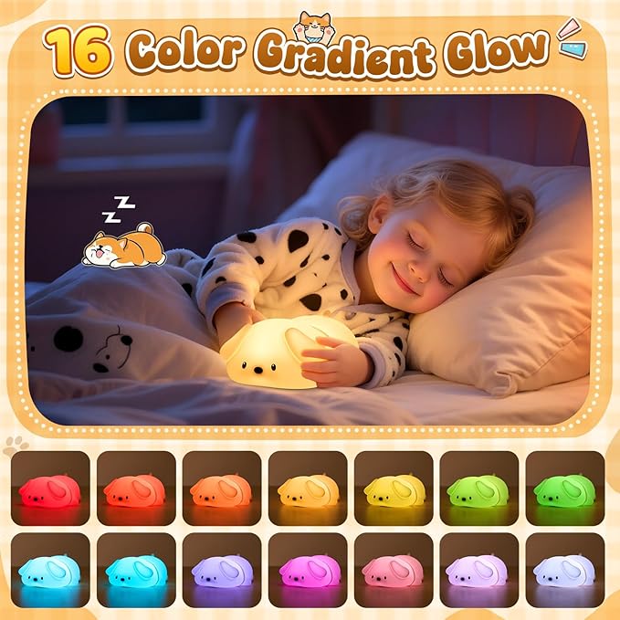 One Fire Squishy Silicone Dog Night Light for Kids—16-Color Gradient Breathing Lamp with 25Hr Battery, Tap Control & Portable Design for Nursery/Bedroom/Travel