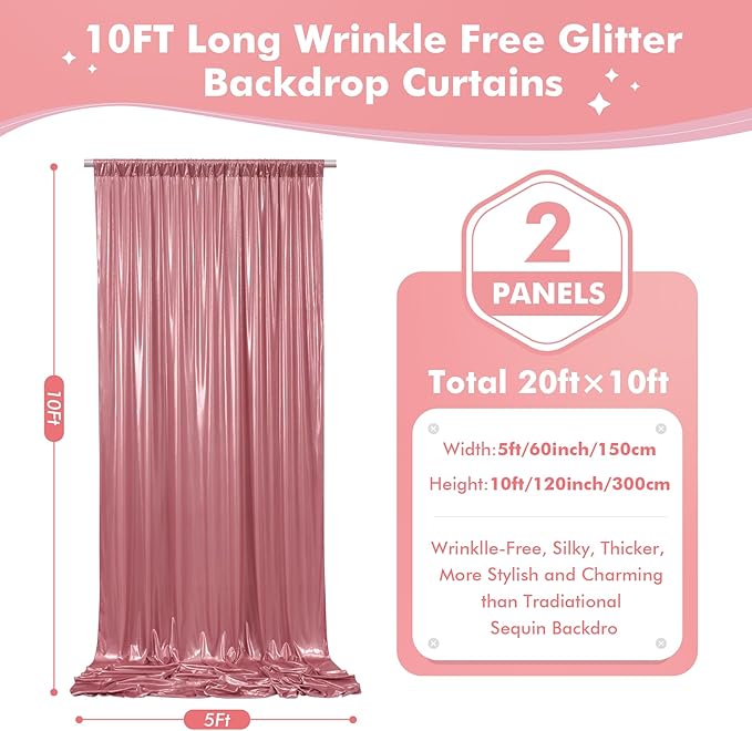 10x10ft Rose Gold Sequin Backdrop Curtain for Wedding Parties,2 Panels 5x10ft Thick Wrinkle Free Shimmer Glitter Rose Gold Photo Backdrop Drapes Curtains for Birthday Photography Background Cloth