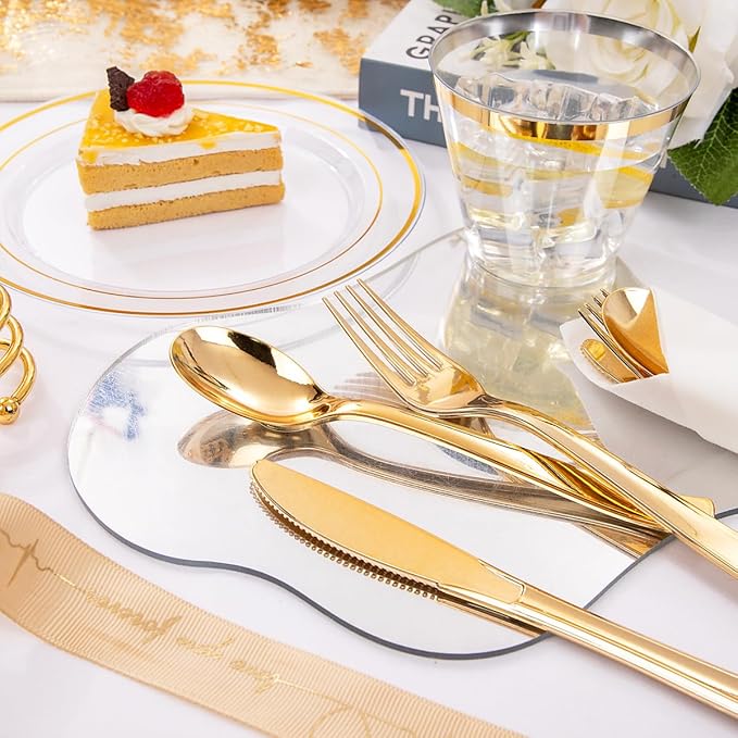 DaYammi 350PCS Clear Gold Plastic Dinnerware Set for 50 Guests, Christmas Plates Disposable, Include: 50 Dinner Plates, 50 Dessert Plates, 50 Pre Rolled Napkins with Gold Silverware, 50 Cups