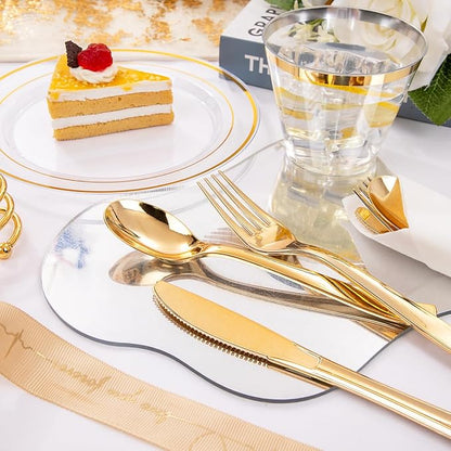 DaYammi 350PCS Clear Gold Plastic Dinnerware Set for 50 Guests, Christmas Plates Disposable, Include: 50 Dinner Plates, 50 Dessert Plates, 50 Pre Rolled Napkins with Gold Silverware, 50 Cups