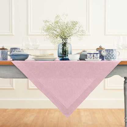Solino Home Linen Tablecloth 52 x 52 Inch - 100% Pure Linen Square Table Throw - Athena, Machine Washable Bubblegum Pink Tablecloth