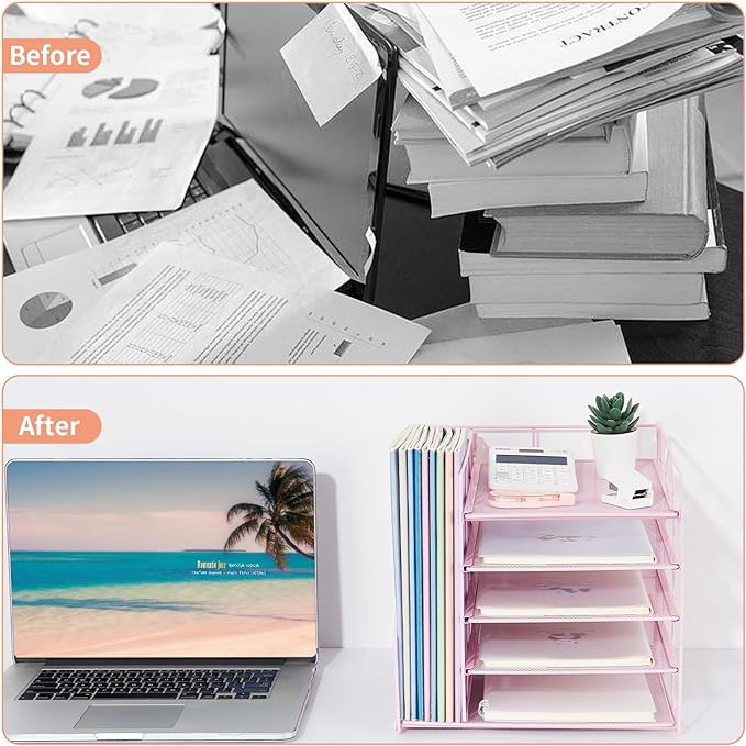 Desk Organizers and Accessories, 5-Tier Paper Letter Tray Organizer with File Holder, Desktop Organizer for Office Supplies (Pink)