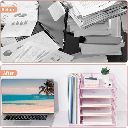 Desk Organizers and Accessories, 5-Tier Paper Letter Tray Organizer with File Holder, Desktop Organizer for Office Supplies (Pink)