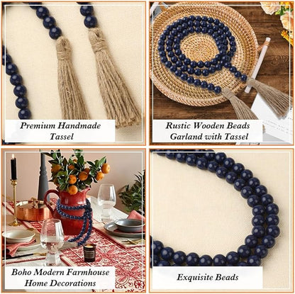 Wood Bead Garland 58 Inch Blue Wooden Beads for Boho Farmhouse Table Home Decor with Tassel, Wooden Prayer Bead, Rustic Country Boho Wall Hanging Decor for Kitchen Modern Living Room Tray Vase Shelf