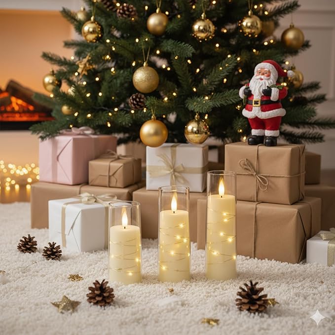 Raycare Flameless Candle with Remote Timer – 9 Flickering Acrylic Battery Operated LED Pillar Candles with Embedded Star String for Christmas, Home Decor, and as a Gift (Ivory)