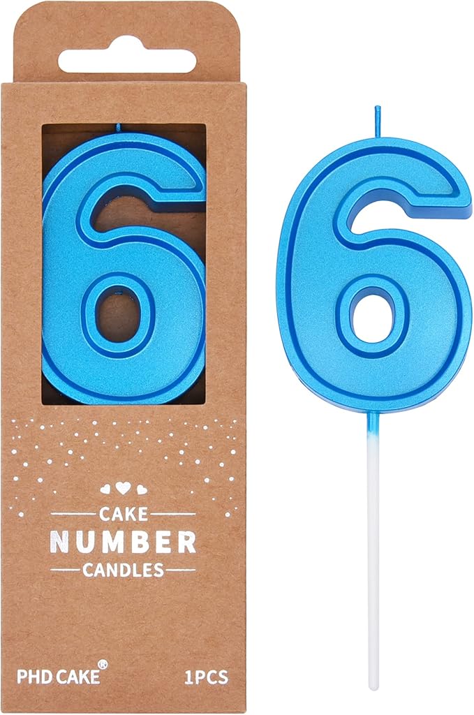 PHD CAKE 2.76 Inch Luxe Blue 6 Number Birthday Candles, Blue Number Candles, Cake Number Candles, Party Celebration