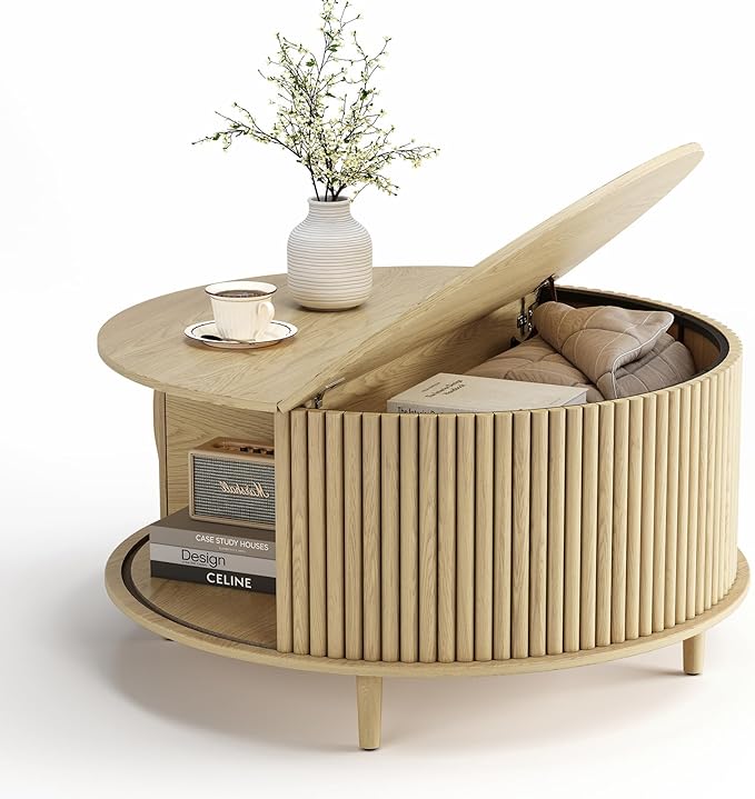 Round Coffee Table with Storage, 31.5" Natural Oak Fluted Center Table with Sliding Door, Modern Circle Drum Table for Living Room, Scandi Wood Furniture for Small Spaces